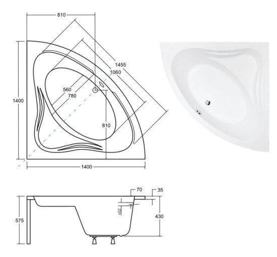 Ванна акриловая угловая Besco Mia 140 140x140 без ножек