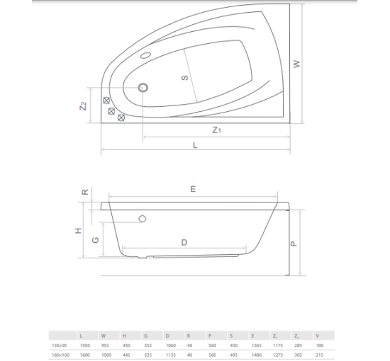 Ванная Radaway Rineia 160x100 левая с ножками + сифон R135L (WA1-31-160x100L)