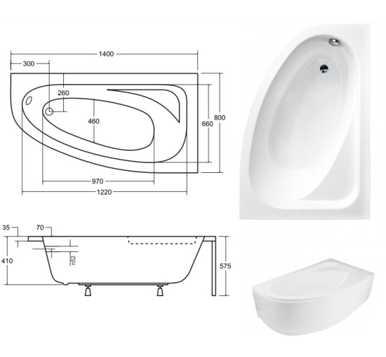 Ванна акрилова асиметрична Besco Cornea 140 права 140x80 без ніжок