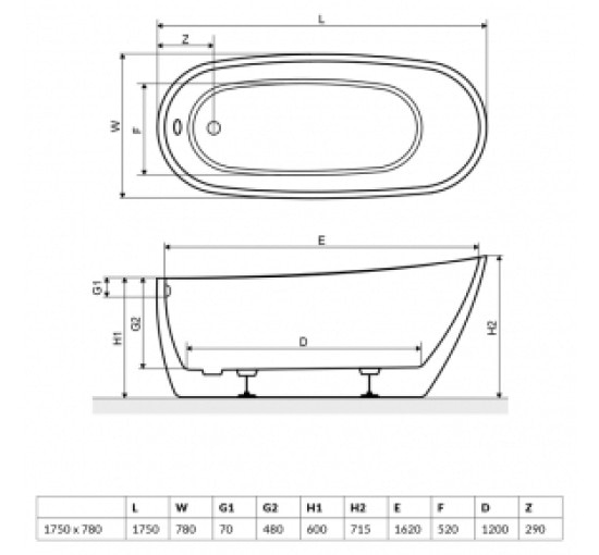 Ванна Radaway Nikia 175×78 +ніжки (WA1-41-175×078U-B)