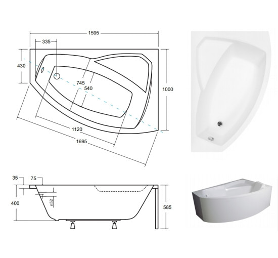 Ванна акрилова асиметрична Besco Rima 160 права 160x100 без ніжок