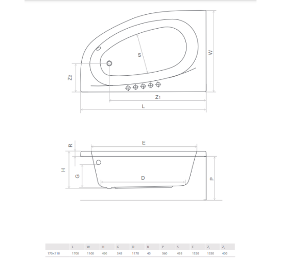 Ванная Radaway Naxia 170x110 левая с ножками + сифон R135L (WA1-33-170x110L)