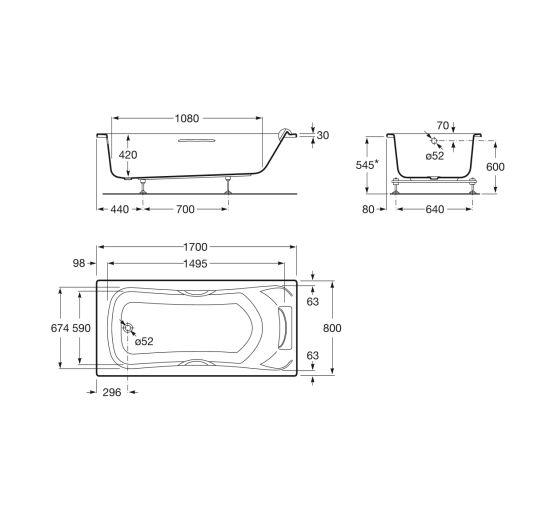 Прямоугольная акриловая ванна Roca BeCool с ручками и подголовником 170x80 (A248016001)