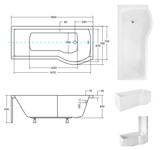 Ванна акриловая асимметричная Besco Inspiro 160 права 160x70 без ножек