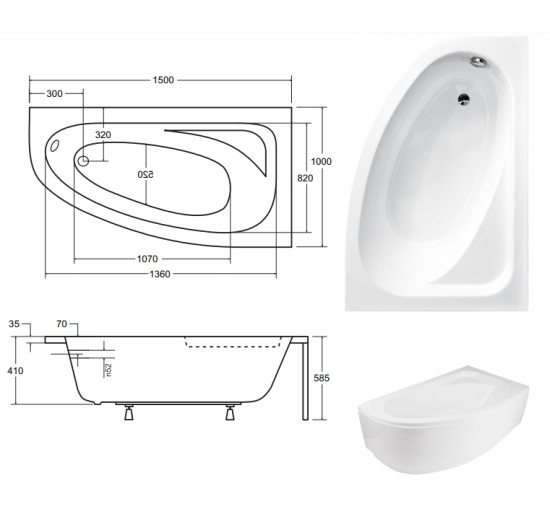 Ванна акрилова асиметрична Besco Cornea Comfort 150 права 150x100 без ніжок