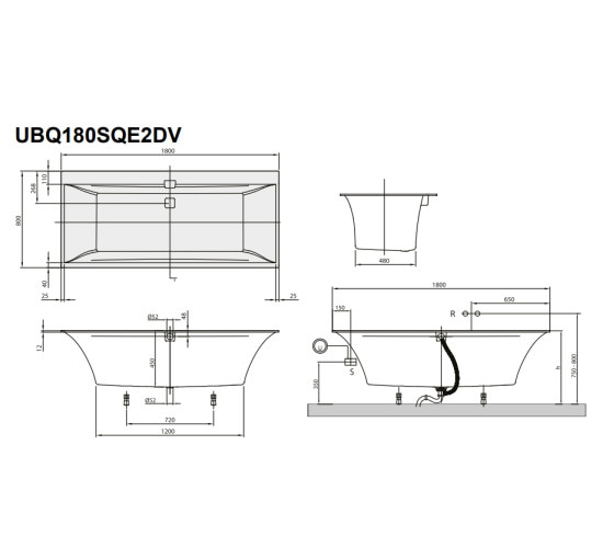 Ванна кварилова Villeroy & Boch Squaro Edge 12 180X80 з ніжками (UBQ180SQE2DV-01)