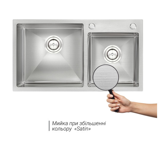 Набор 4 в 1 Qtap кухонная мойка с двумя чашами S7843 2.7/1.0 мм Satin + смеситель + сушка + дозатор для моющего средства