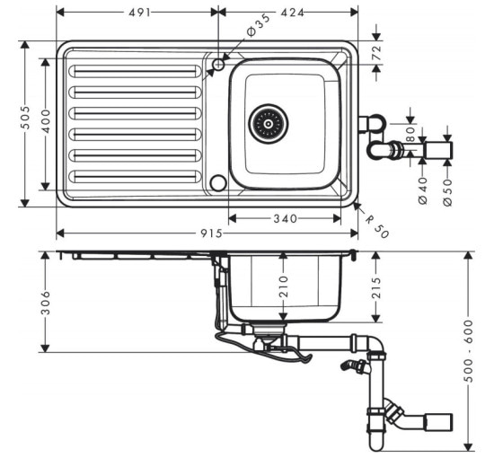 Кухонная мойка Hansgrohe S4113-F340 на столешницу 915х505 с сифоном automatic (43337800) Stainless Steel