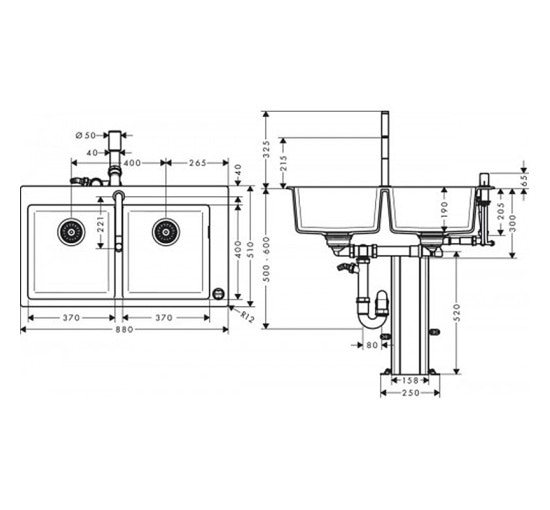 Кухонная мойка Hansgrohe C51-F770-10 Сombi 880x510 на две чаши 370/370 Select со смесителем Chrome (43221000)