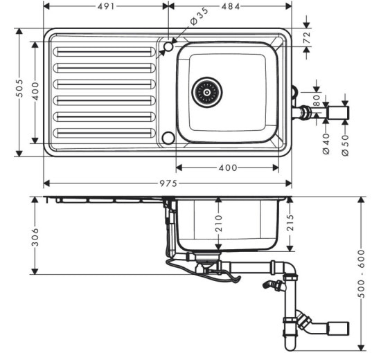 Кухонная мойка Hansgrohe S4113-F400 на столешницу 975х505 с сифоном automatic (43338800) Stainless Steel
