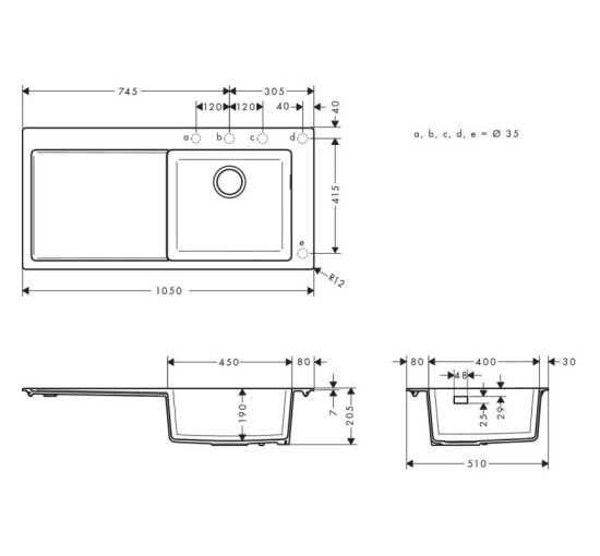 Кухонная мойка Hansgrohe S514-F450 1050х510 полка слева от Stonegrey (43314290)