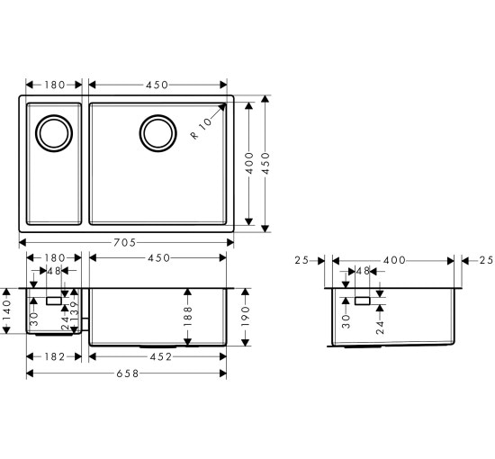 Кухонная мойка Hansgrohe S719-U655 под столешницу 705х450 на две чаши 180/450 (43429800) Stainless Steel