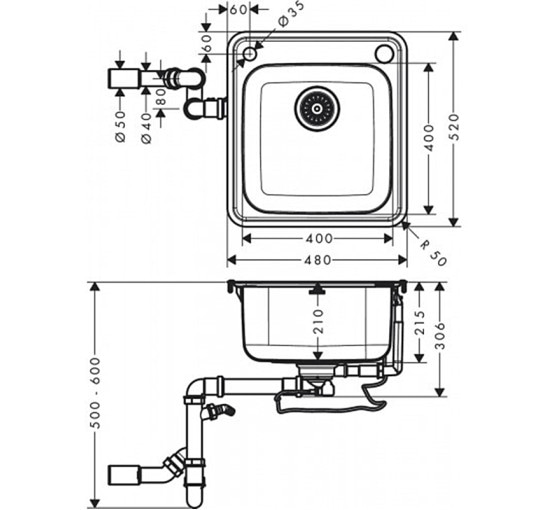 Кухонная мойка Hansgrohe S412-F400 на столешницу 480х520 с сифоном automatic (43335800) Stainless Steel