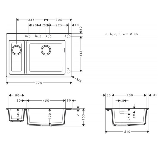 Кухонна мийка Hansgrohe S510-F635 770х510 на дві чаші 180/450 Stonegrey (43315290)