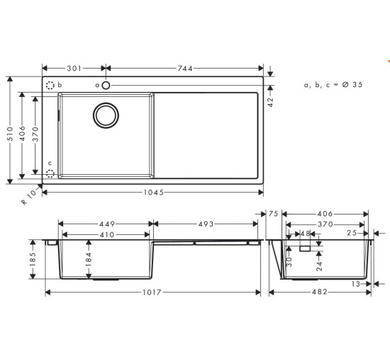 Кухонна мийка Hansgrohe S716-F450 на стільницю 1x35Ø 1045х510, полиця праворуч Stainless Steel (43331800)