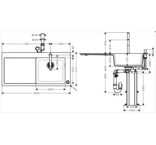 Кухонна мийка Hansgrohe C51-F450-08 Сombi 1050x510 полиця праворуч, зі змішувачемSelect. Chrome (43219000)