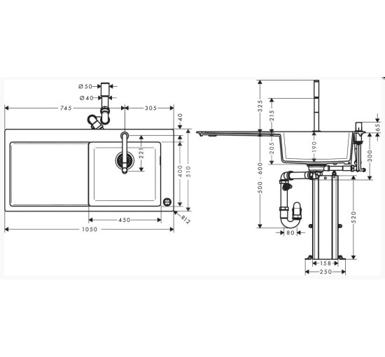 Кухонная мойка Hansgrohe C51-F450-08 Сombi 1050x510 полка справа, со смесителемSelect. Chrome (43219000)