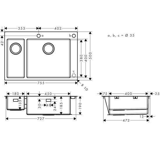 Кухонная мойка Hansgrohe S712-F655 на столешницу 2х35Ø 755х500 две чаши 180/450 (43310800) Stainless Steel