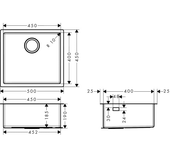 Кухонная мойка Hansgrohe S719-U450 под столешницу 500х450 сталь (43426800) Stainless Steel