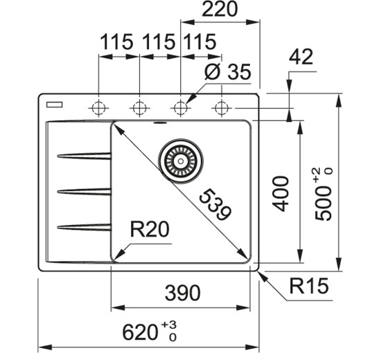Кухонна мийка Franke Centro CNG 611-62 TL (114.0630.452) гранітна - врізна - крило ліворуч - колір Мигдаль