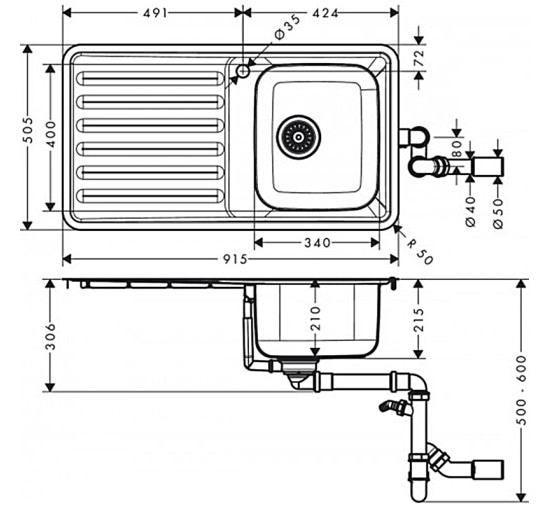 Кухонная мойка Hansgrohe S4111-F340 на столешницу 915х505 с сифоном (43340800) Stainless Steel