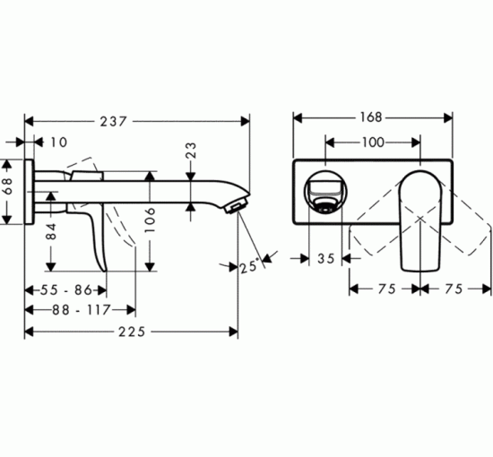 Змішувач Hansgrohe Mertis для раковини зі стіни: прихований монтаж (225 мм) хромований (31086000)