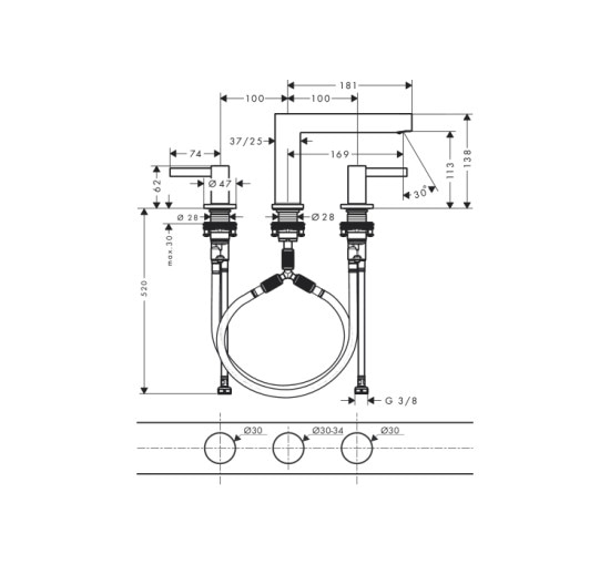 Смеситель Hansgrohe Finoris 110 для умывальника на 3 отверстия с донным клапаном push-open. Matt Black (76033670)