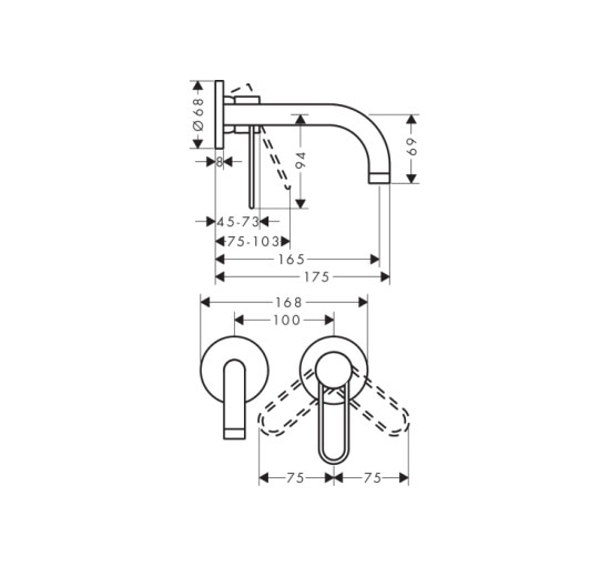 Смеситель Axor Uno для раковины из стены Loop излив 165 мм, Brushed Bronze 38121140