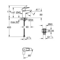 Смеситель для умывальника однорычажный GROHE BauLoop хром латунь с донным клапаном 23883001