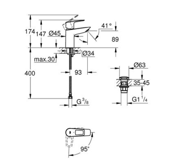 Змішувач для умивальника одноважільний GROHE BauLoop хром латунь з донним клапаном 23883001