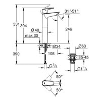 Смеситель для умывальника с высоким изливом GROHE StartEdge хром латунь с донным клапаном 23777001