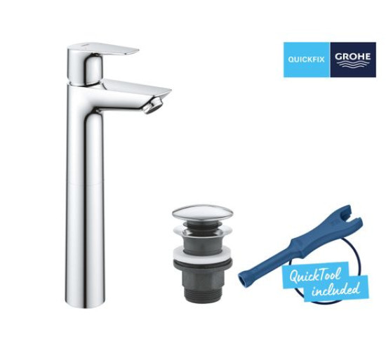 Смеситель для умывальника с высоким изливом GROHE StartEdge хром латунь с донным клапаном 23777001