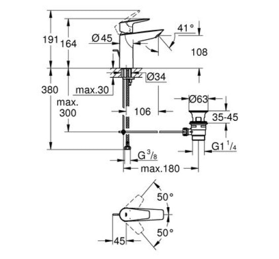 Смеситель для умывальника однорычажный GROHE QuickFix StartEdge хром латунь с донным клапаном 24200001