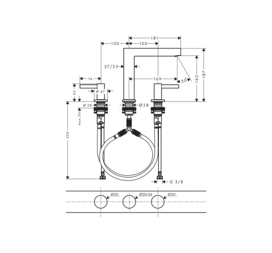 Смеситель Hansgrohe Finoris 160 для умывальника на 3 отверстия с донным клапаном push-open. Matt Black (76034670)