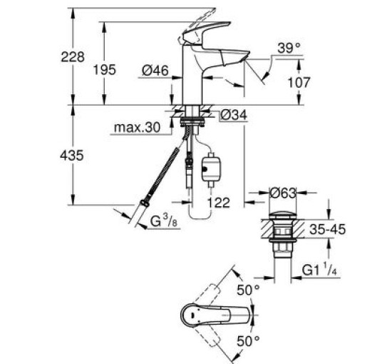 Смеситель для умывальника однорычажный с выдвижным изливом GROHE Eurosmart хром латунь с донным клапаном 23976003