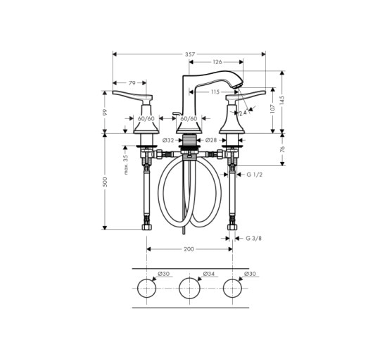 Змішувач Hansgrohe Metropol Classic 110 для умивальника на 3 отвоври хромований (31330000)