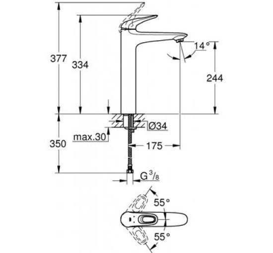 Кран для раковины чаши высокий GROHE EUROSTYLE NEW хром латунь с донным клапаном 23570003