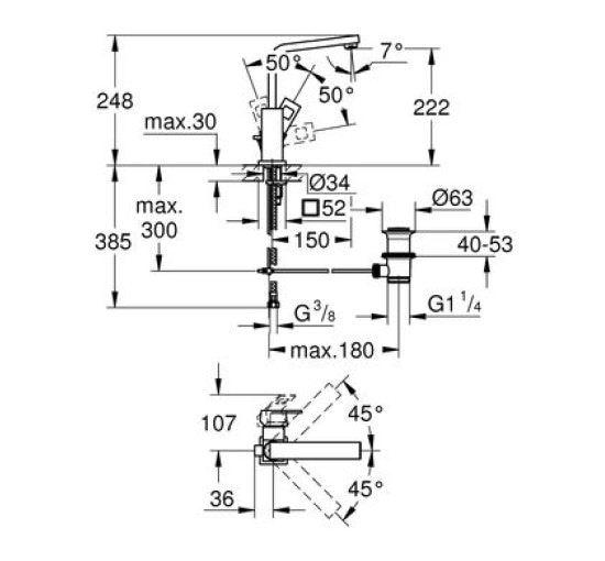 Смеситель для умывальника однорычажный GROHE Eurocube хром латунь с донным клапаном 2313500E