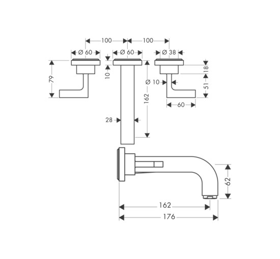 Смеситель Axor Citterio 162 Lever для раковины из стены на 3 отверстия Brushed Bronze 39315140