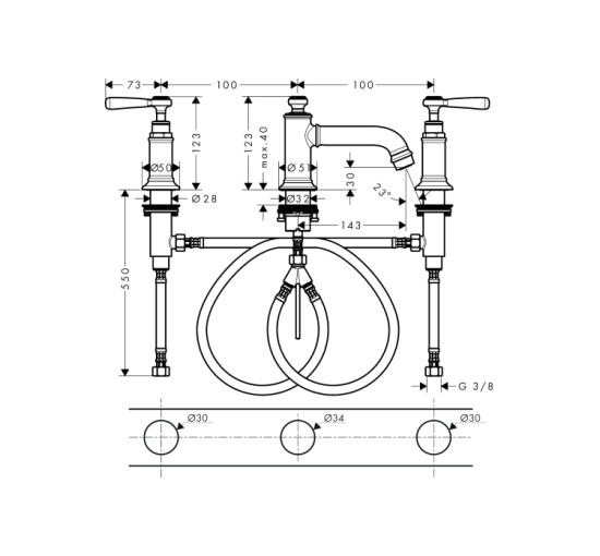 Змішувач Axor Montreux 30 для раковини на 3 отвори Lever 16535140 Brushed Bronze