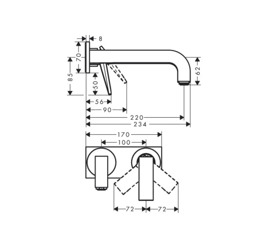 Смеситель Axor Citterio 220 Lever rhombic cut для раковины со стены на пластине Chrome 39171000