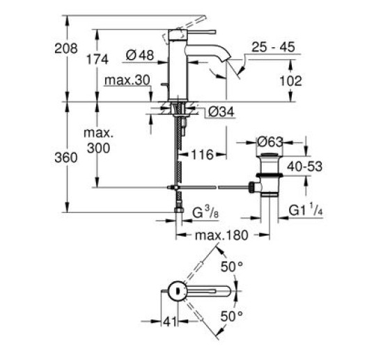 Смеситель для умывальника одновентильный GROHE Essence серый латунь с донным клапаном 23589AL1