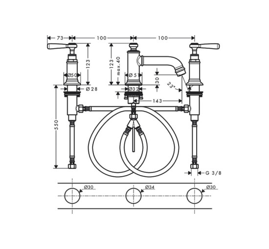 Смеситель Axor Montreux 30 для раковины на 3 отверстия ручки Lever хромированный 16535000