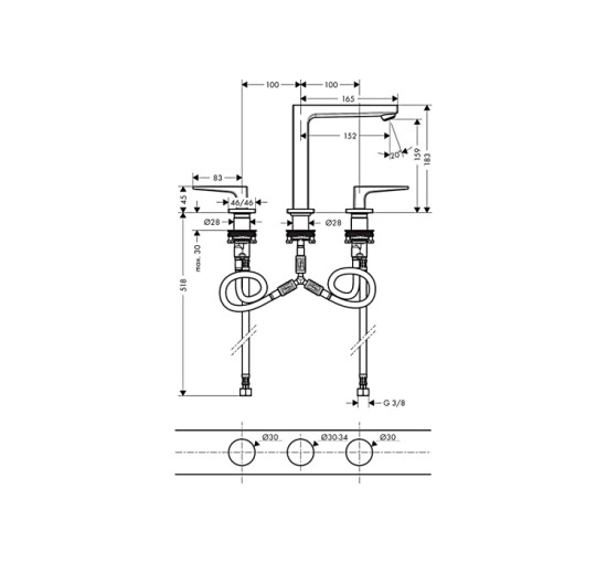 Смеситель Hansgrohe Metropol 160 для умывальника на 3 отверстия Brushed Bronze (32515140)