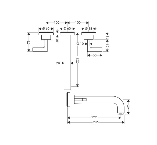 Змішувач Axor Citterio 222 Lever для раковини зі стіни на 3 отвори 39147000 Chrome