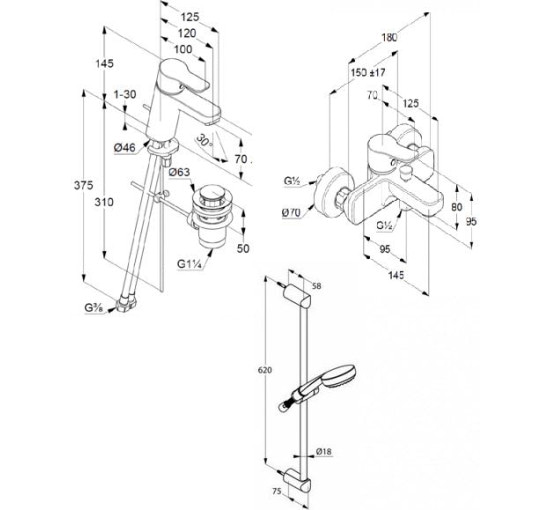 Набор смесителей для ванны и душа Kludi Pure Easy 3в1,хром (376850565)