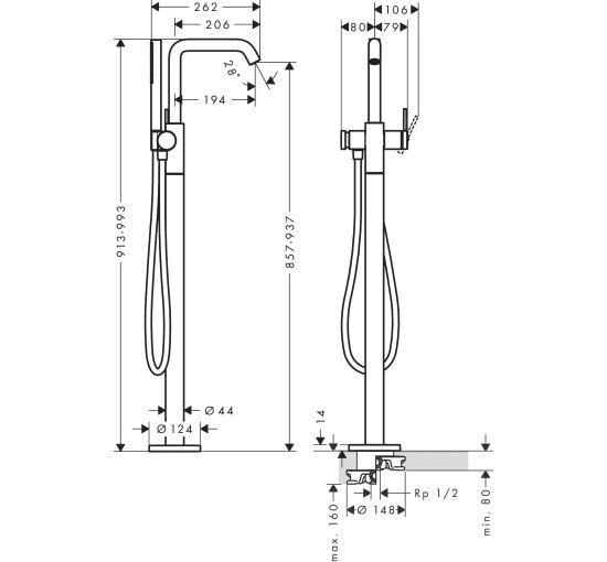 Смеситель hansgrohe Tecturis S для напольной ванны, белый матовый 73440700