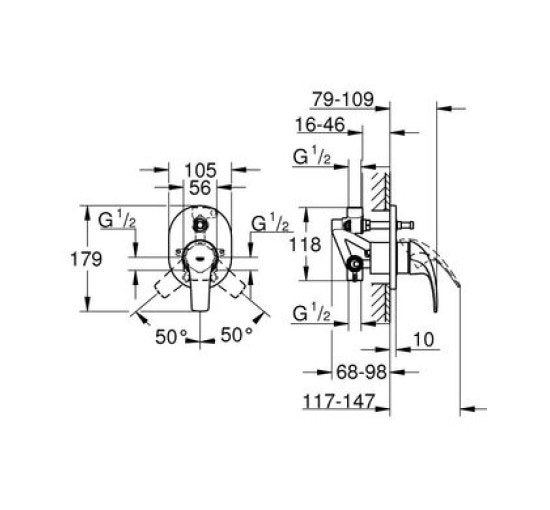 Смеситель скрытого монтажа с переключателем GROHE BauCurve хром латунь 179x105мм 29043000