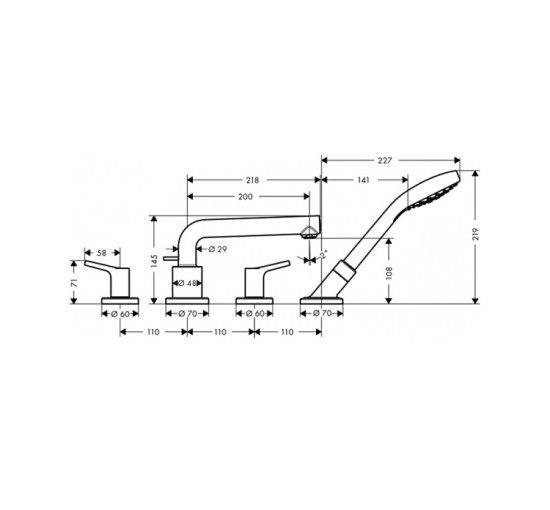 Смеситель Hansgrohe Talis S врезной на край ванны на 4 отверстия Secuflex 110 см (72418000)