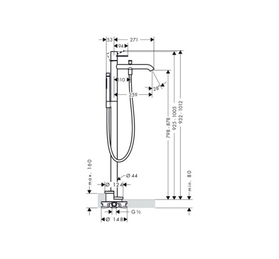 Смеситель Axor Uno для напольной ванны, ручка Loop, хромированный 38442000